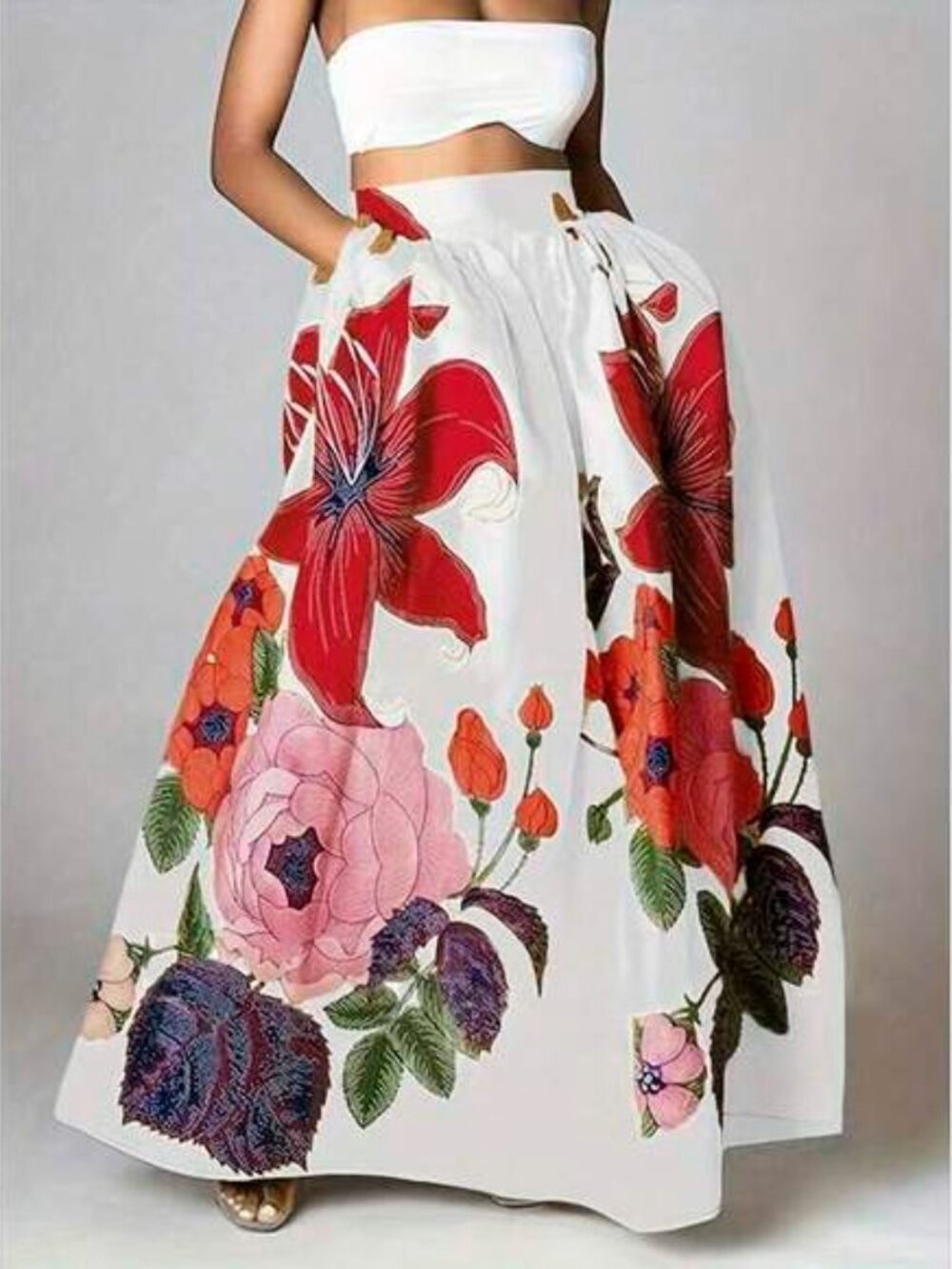 Spring And Summer New Artistic Floral Print Skirt, Light Purple Satin High-Waist